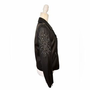 RARE Neiman Marcus Black Leather Jacket Crystal Silver Embellishments Moto